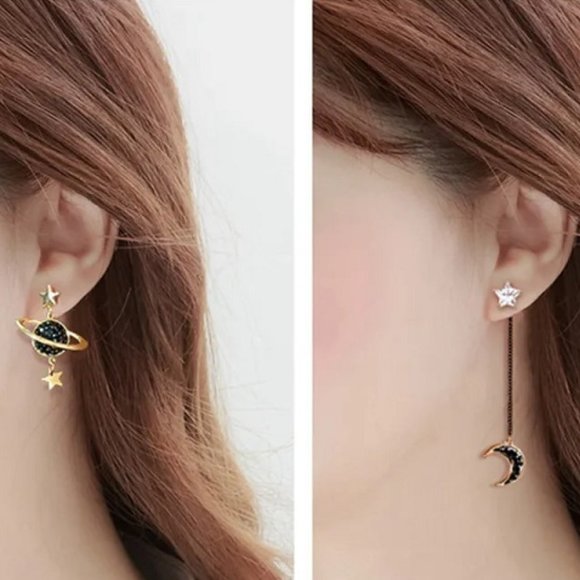 DESIGNER CELESTIAL GUNMETAL/GOLD CRYSTAL STAR/MOON/SATURN MISMATCH EARRINGS**NEW - Picture 2 of 4